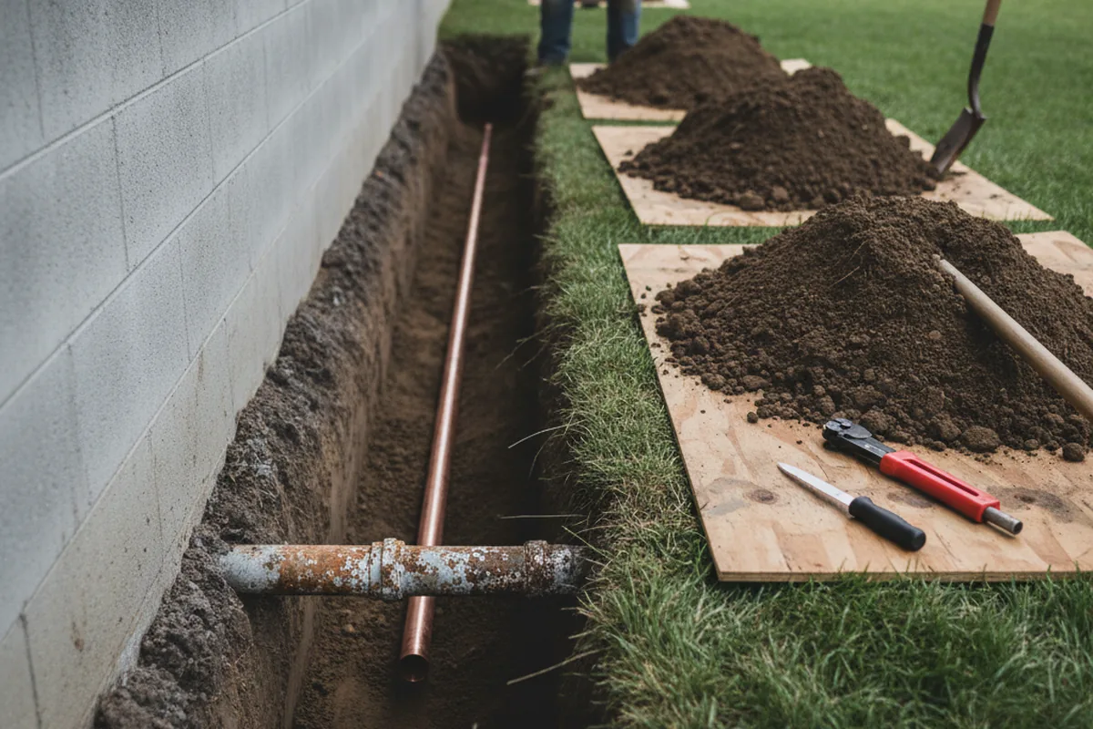 Excavated water line trench during Water Softener Installation in East Bernard